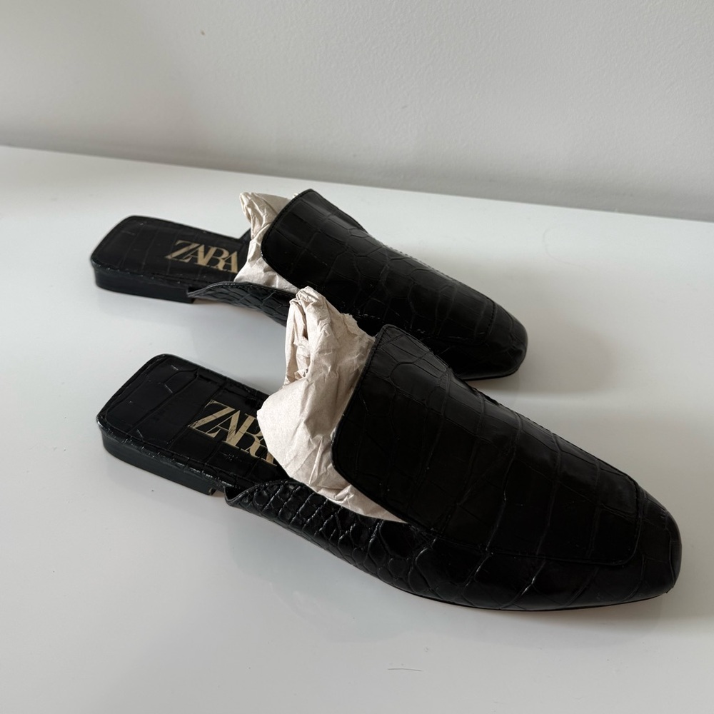 ZARA Black Croc Embossed Leather Mule Loafers Square Toe Slides Size 37